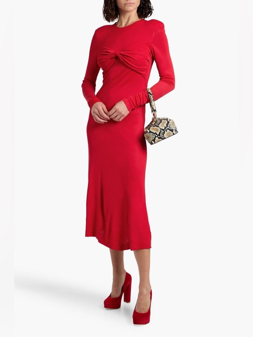 Farm Rio Red Twist-Front Long Sleeve Midi Dress